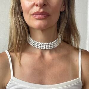60s Glass Bead Choker Necklace VTG Multi-Strand White Collar Wedding Bridal